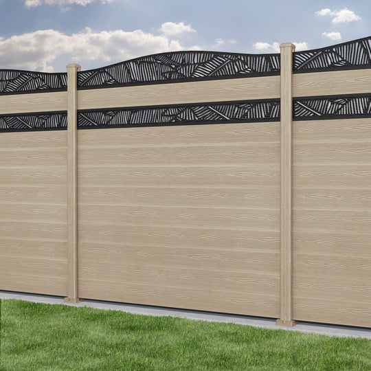 Classic Feather Curved Top Split Screen Fence Panel - Light Oak - with our composite posts