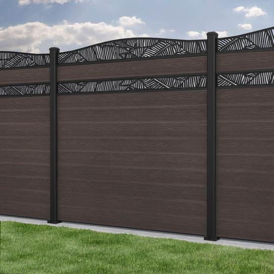 Classic Feather Curved Top Split Screen Fence Panel - Mid Brown - with our aluminium posts