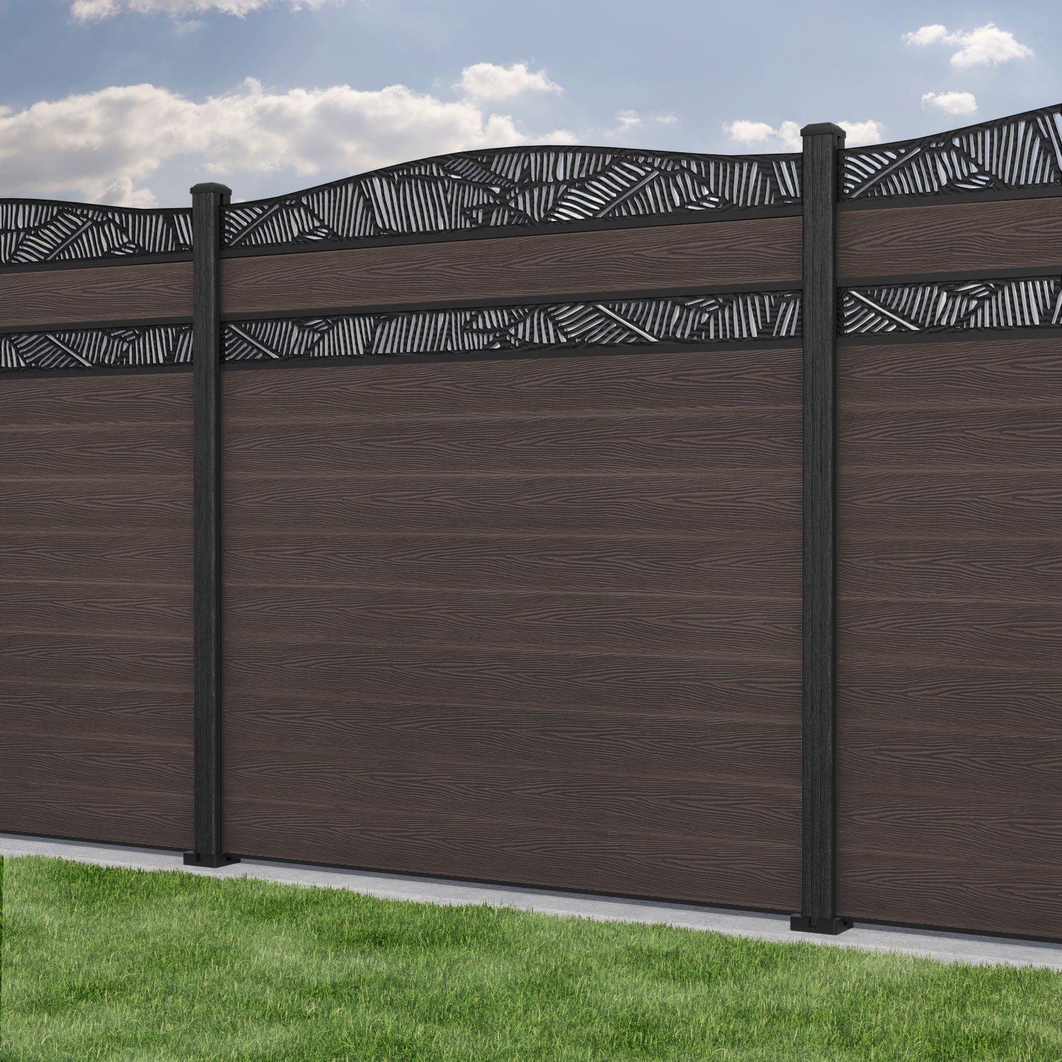 Classic Feather Curved Top Split Screen Fence Panel - Mid Brown - with our composite posts