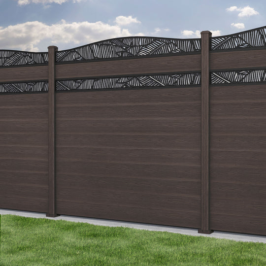 Classic Feather Curved Top Split Screen Fence Panel - Mid Brown - with our composite posts