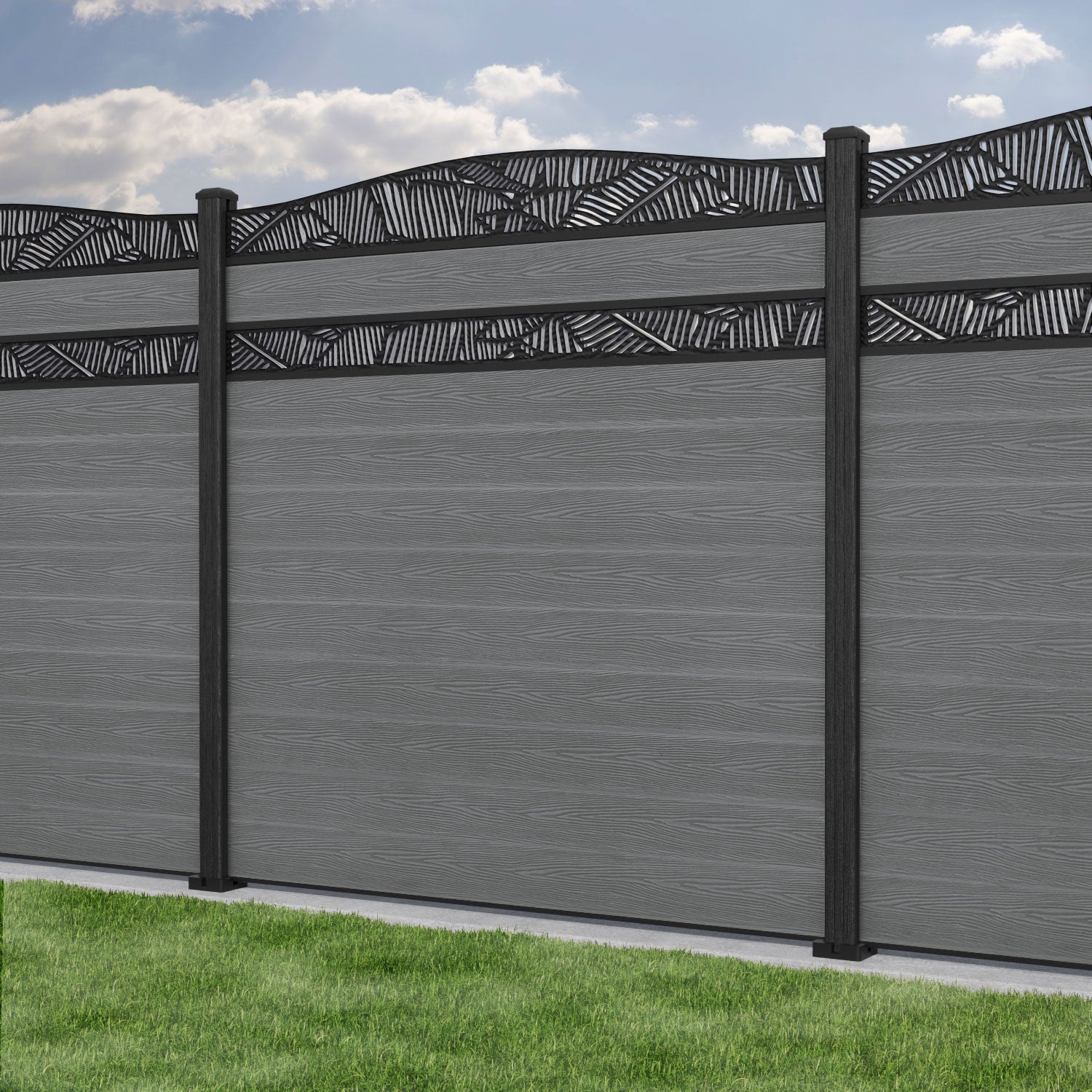 Classic Feather Curved Top Split Screen Fence Panel - Mid Grey - with our composite posts