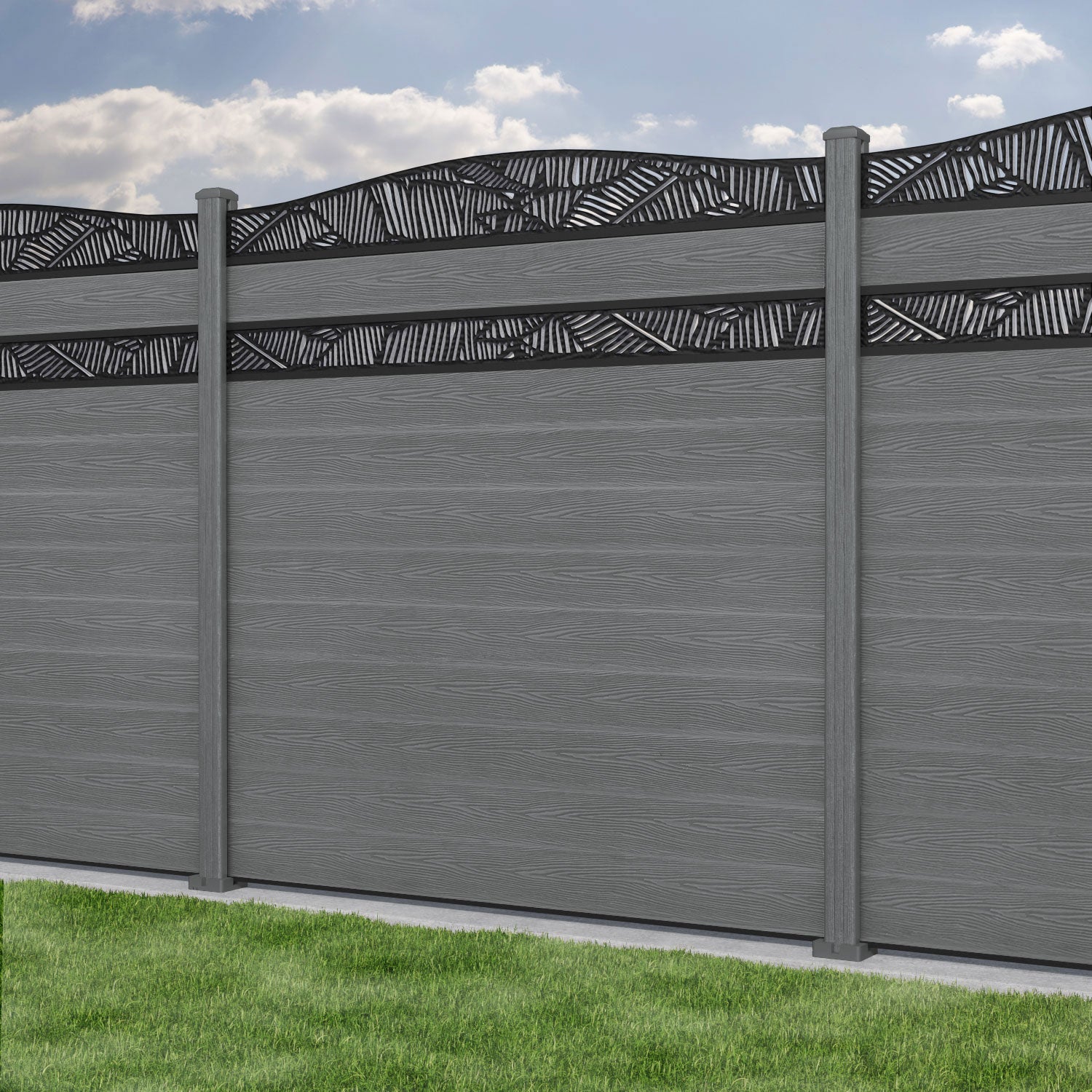 Classic Feather Curved Top Split Screen Fence Panel - Mid Grey - with our composite posts