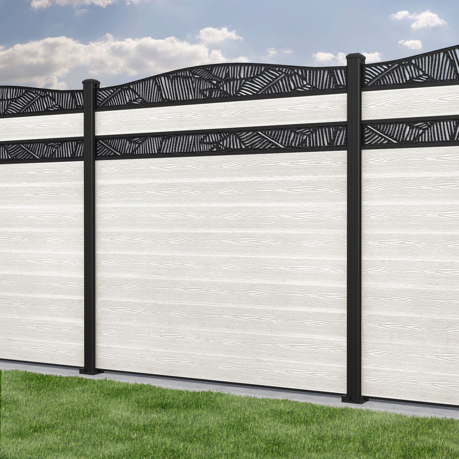 Classic Feather Curved Top Split Screen Fence Panel - Light Stone - with our aluminium posts