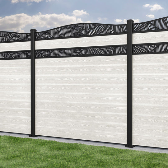 Classic Feather Curved Top Split Screen Fence Panel - Light Stone - with our aluminium posts