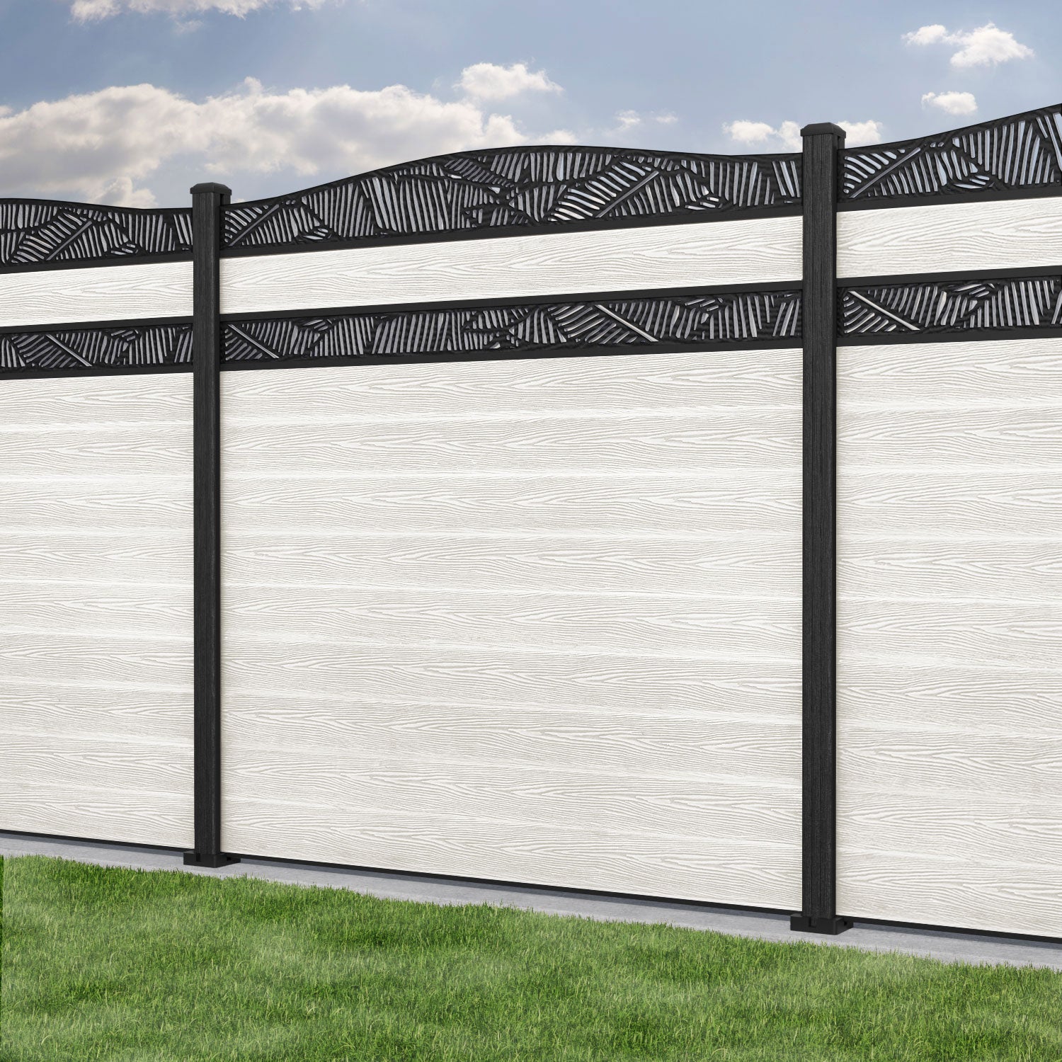 Classic Feather Curved Top Split Screen Fence Panel - Light Stone - with our composite posts