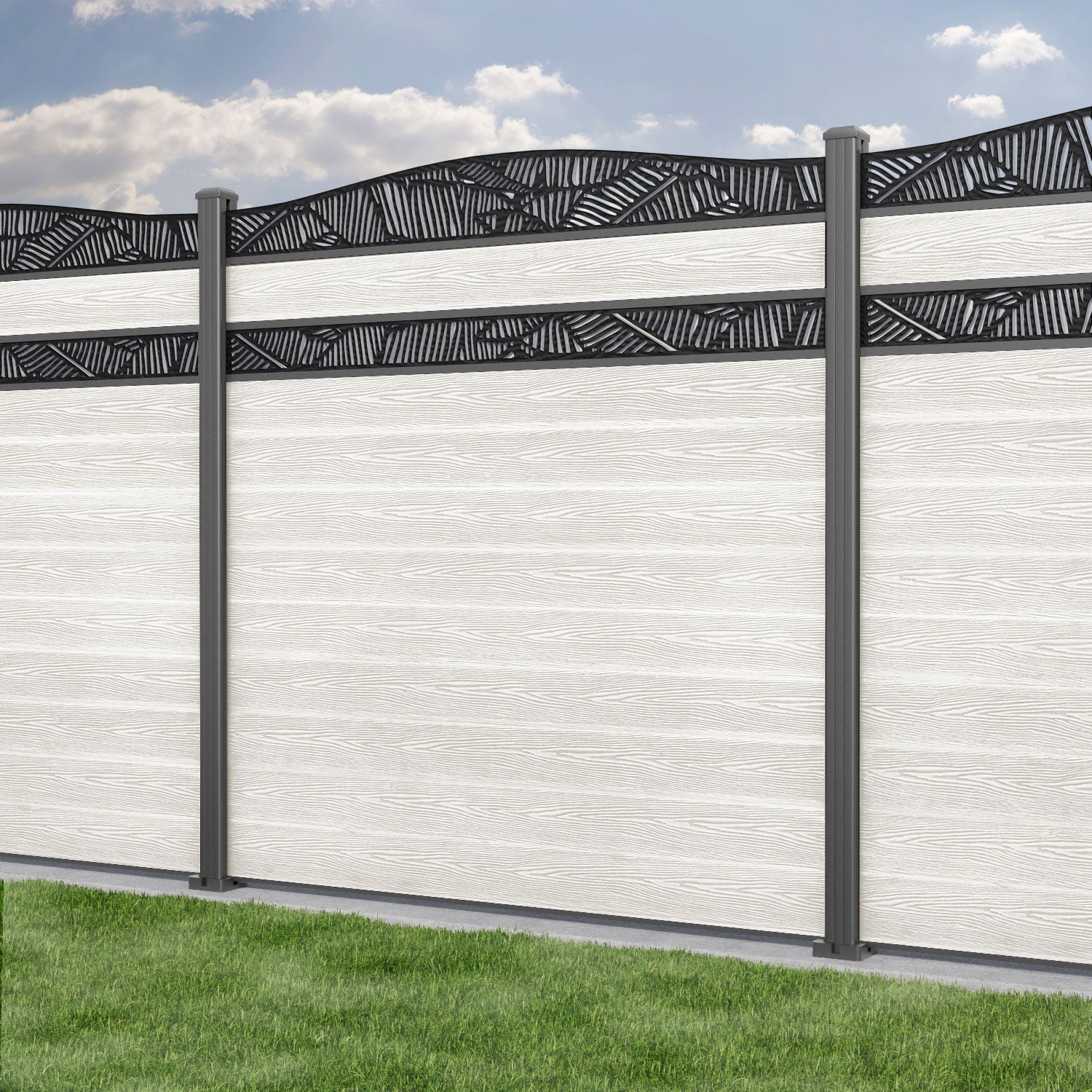 Classic Feather Curved Top Split Screen Fence Panel - Light Stone - with our aluminium posts