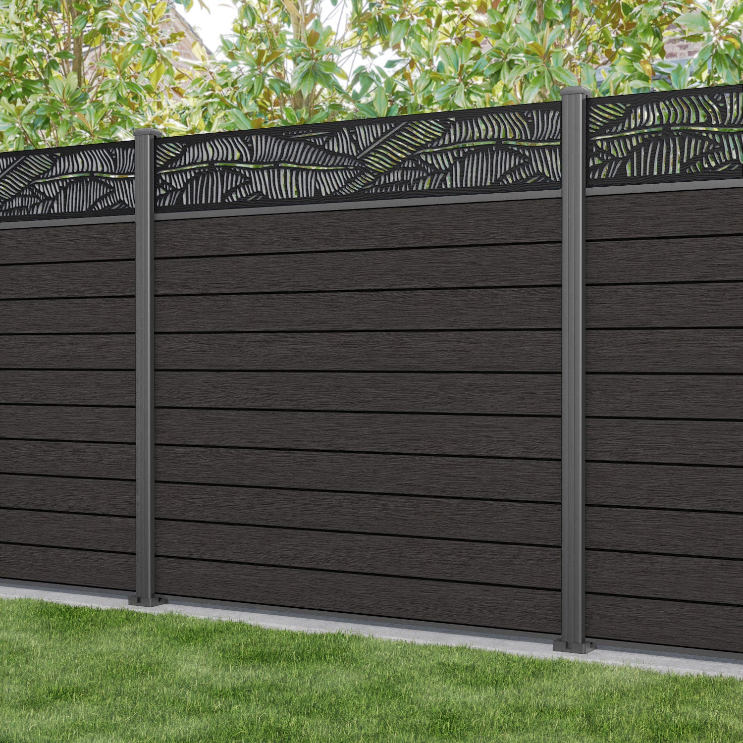 Fusion Feather Fence Panel - Dark Oak - with our aluminium posts