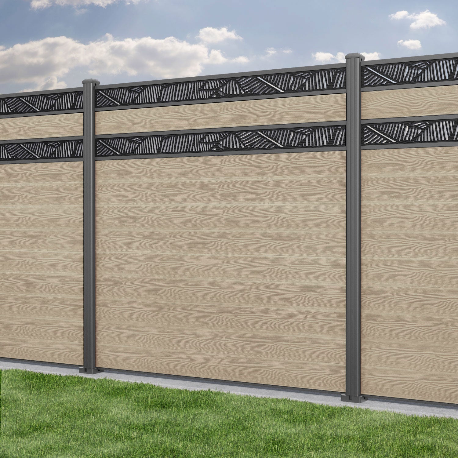 Classic Feather Split Screen Fence Panel - Light Oak - with our aluminium posts