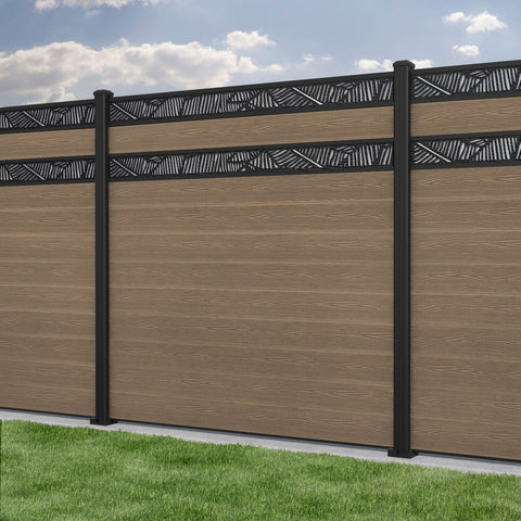 Classic Feather Split Screen Fence Panel - Teak - with our aluminium posts