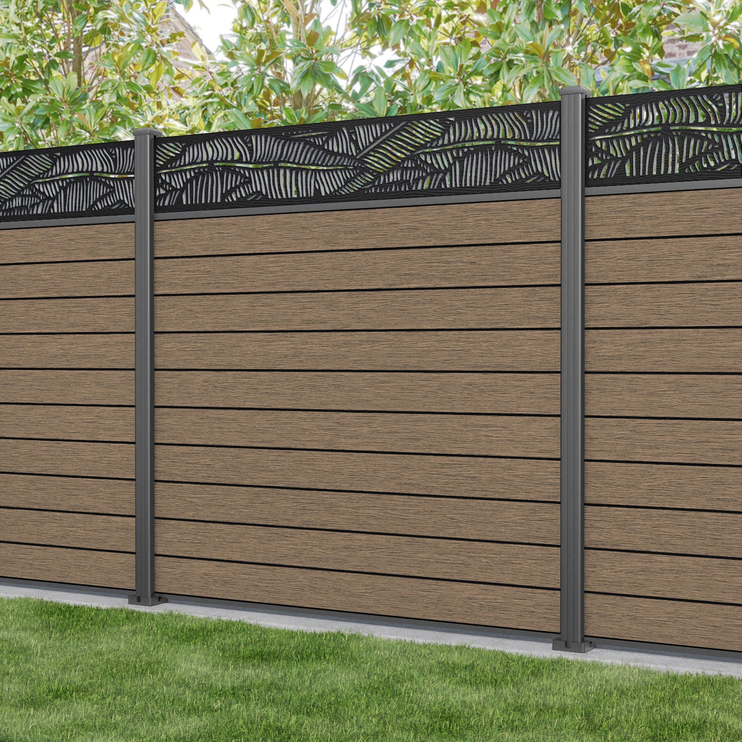 Fusion Feather Fence Panel - Teak - with our aluminium posts