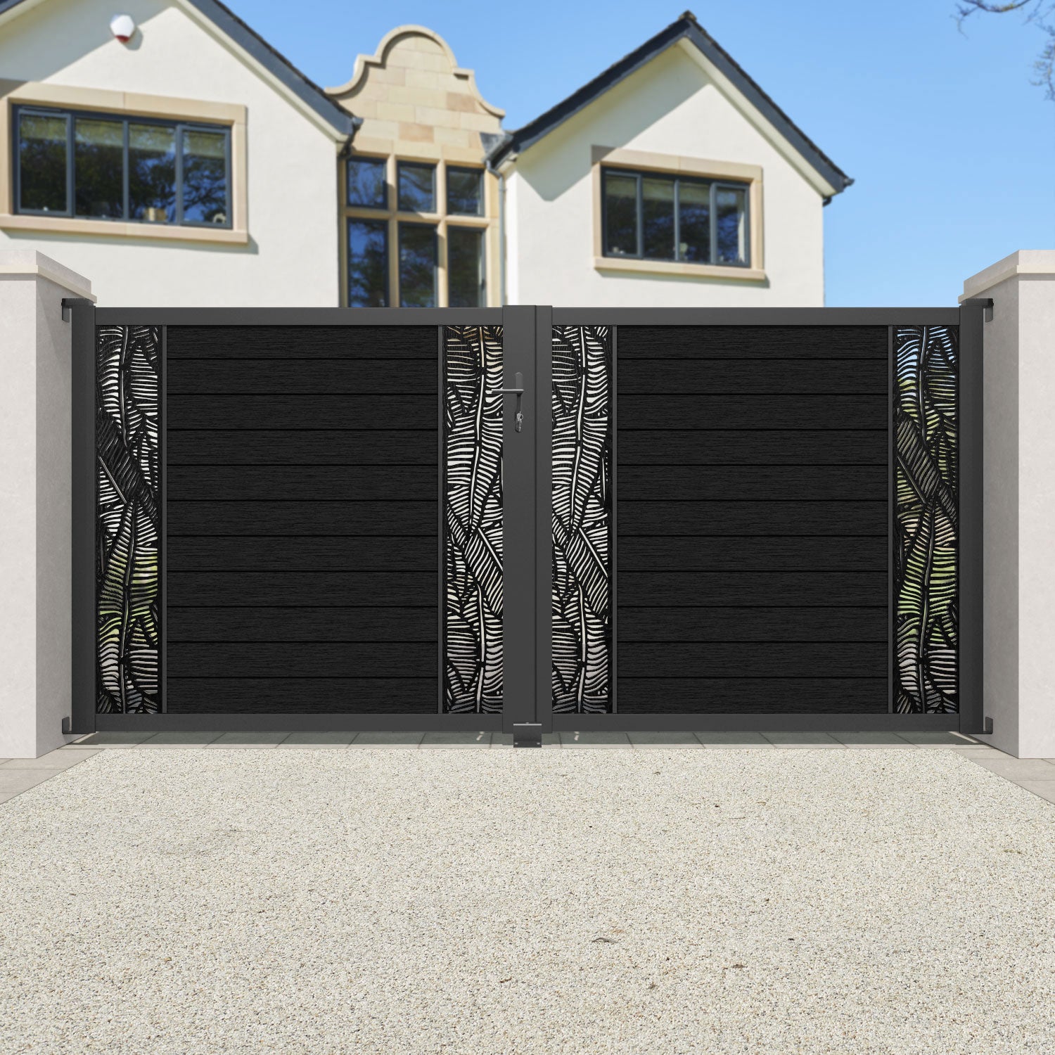 Fusion Feather Straight Top Driveway Gate - Black - Middle & End Screen