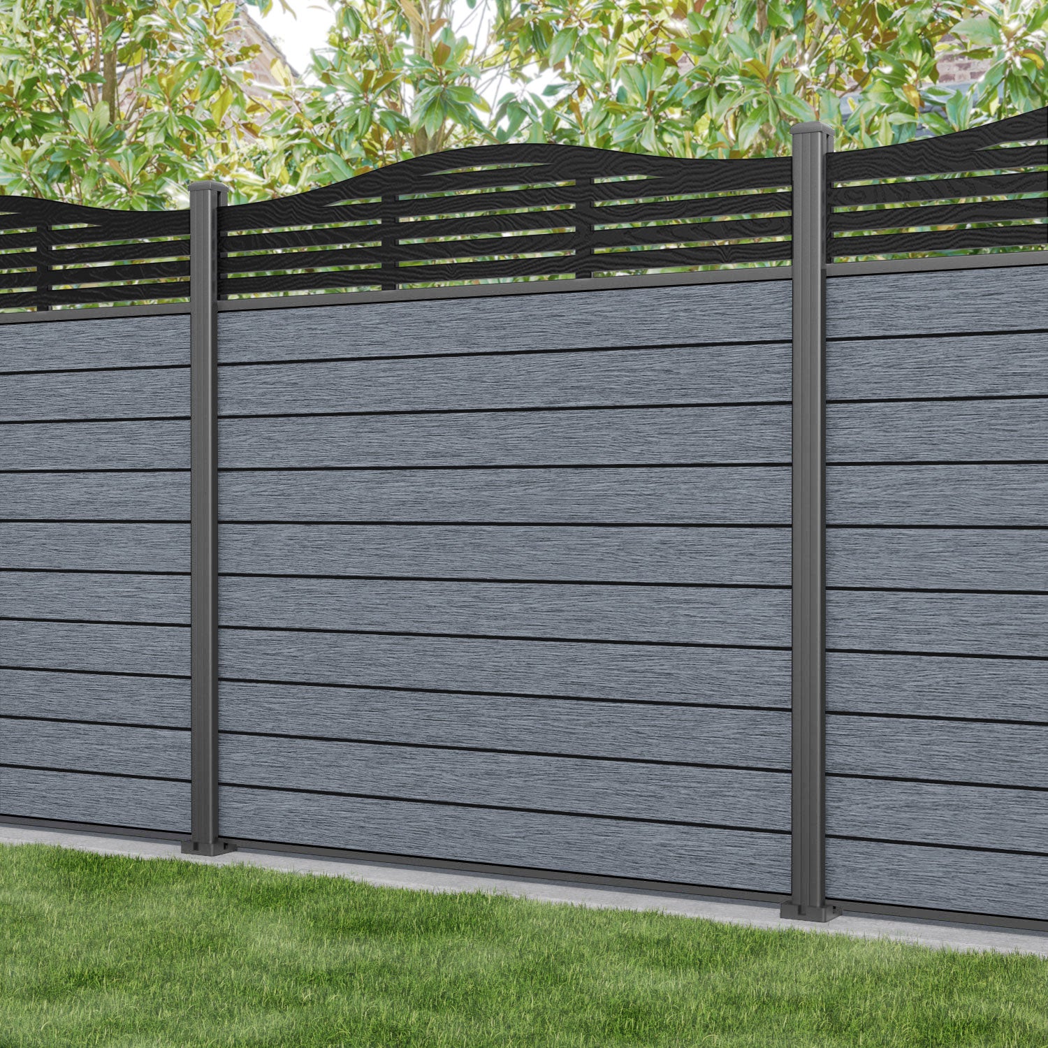 Fusion Aspen Curved Top Fence Panel - Anthracite - with our aluminium posts