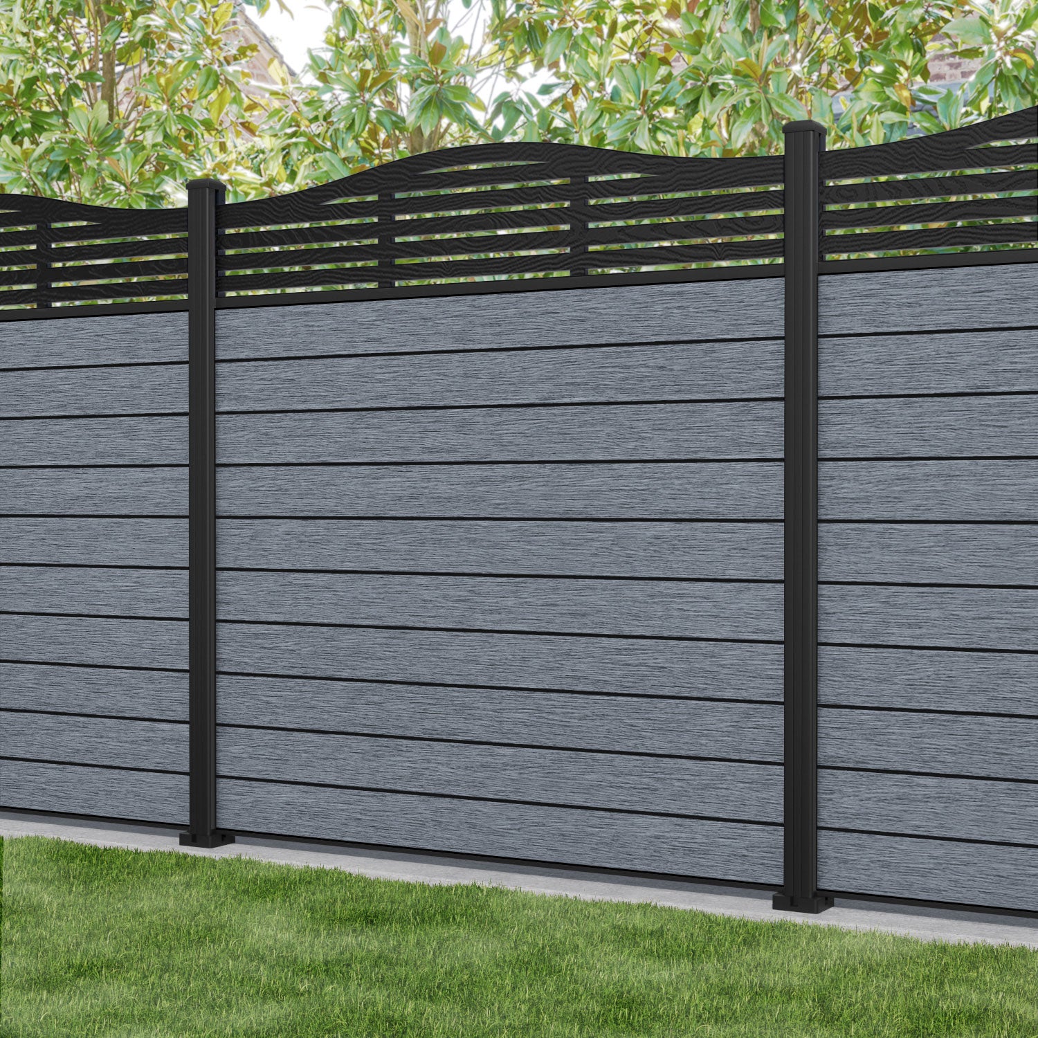 Fusion Aspen Curved Top Fence Panel - Anthracite - with our aluminium posts