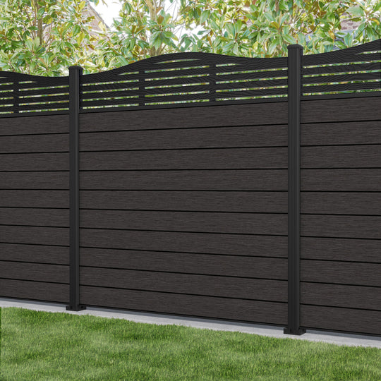 Fusion Aspen Curved Top Fence Panel - Dark Oak - with our aluminium posts