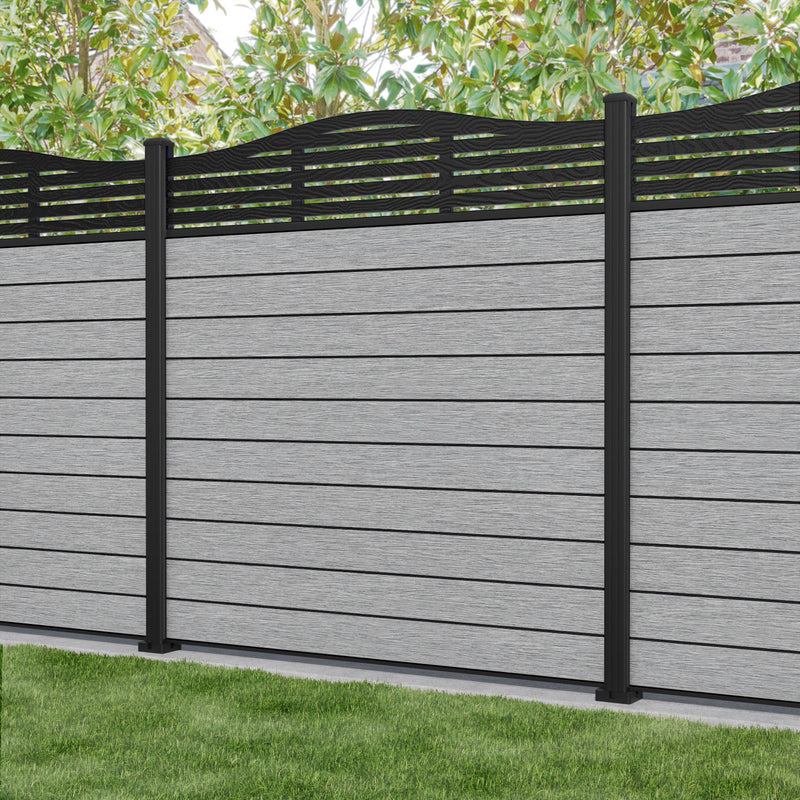 Fusion Aspen Curved Top Fence Panel - Light Grey - with our aluminium posts