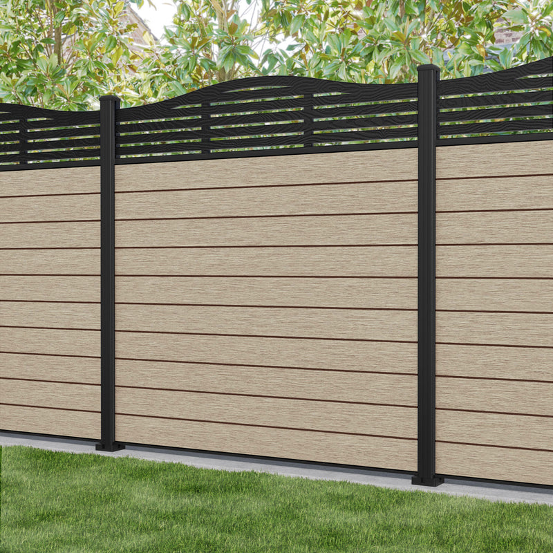 Fusion Aspen Curved Top Fence Panel - Light Oak - with our aluminium posts