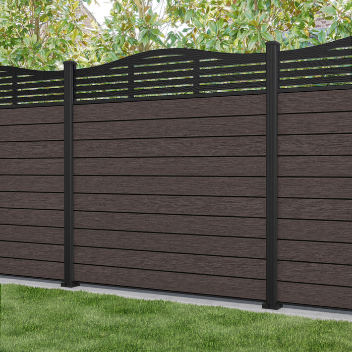 Fusion Aspen Curved Top Fence Panel - Mid Brown - with our aluminium posts