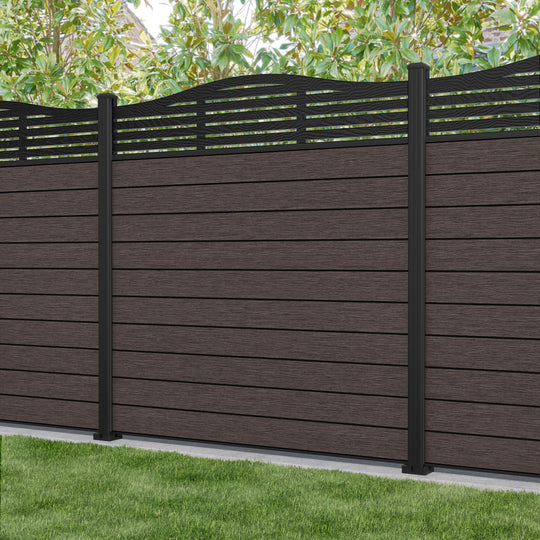 Fusion Aspen Curved Top Fence Panel - Mid Brown - with our aluminium posts