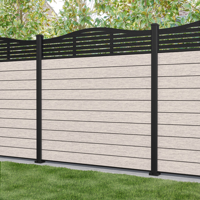 Fusion Aspen Curved Top Fence Panel - Mid Stone - with our aluminium posts