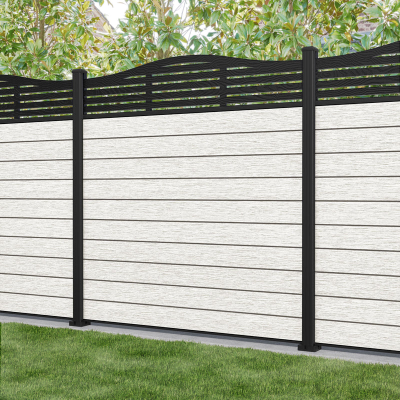 Fusion Aspen Curved Top Fence Panel - Light Stone - with our aluminium posts