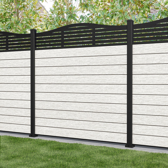 Fusion Aspen Curved Top Fence Panel - Light Stone - with our aluminium posts