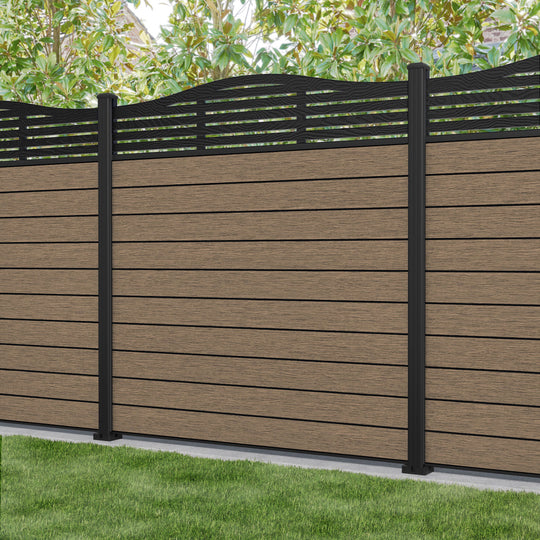 Fusion Aspen Curved Top Fence Panel - Teak - with our aluminium posts