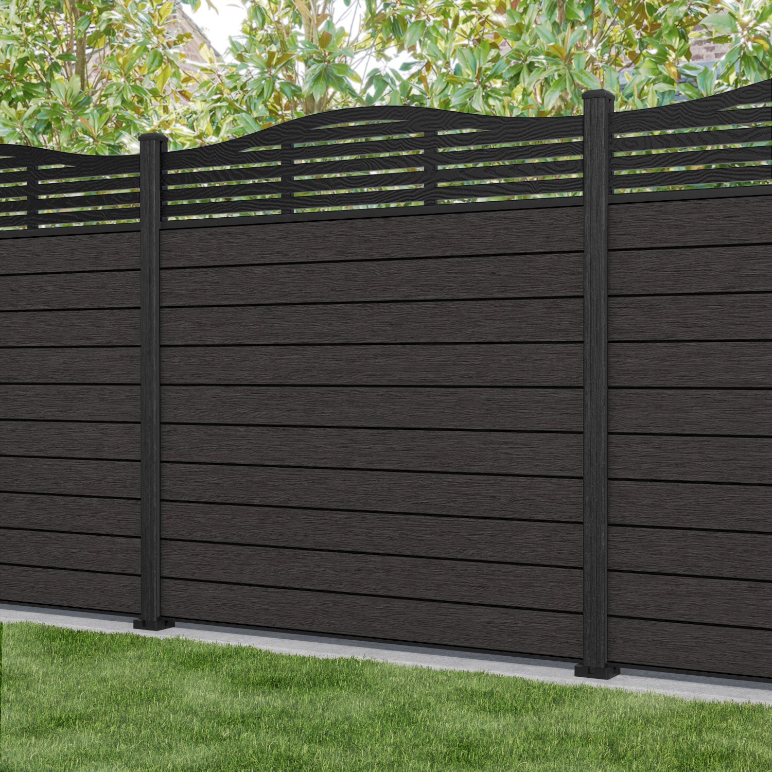 Fusion Aspen Curved Top Fence Panel - Dark Oak - with our composite posts