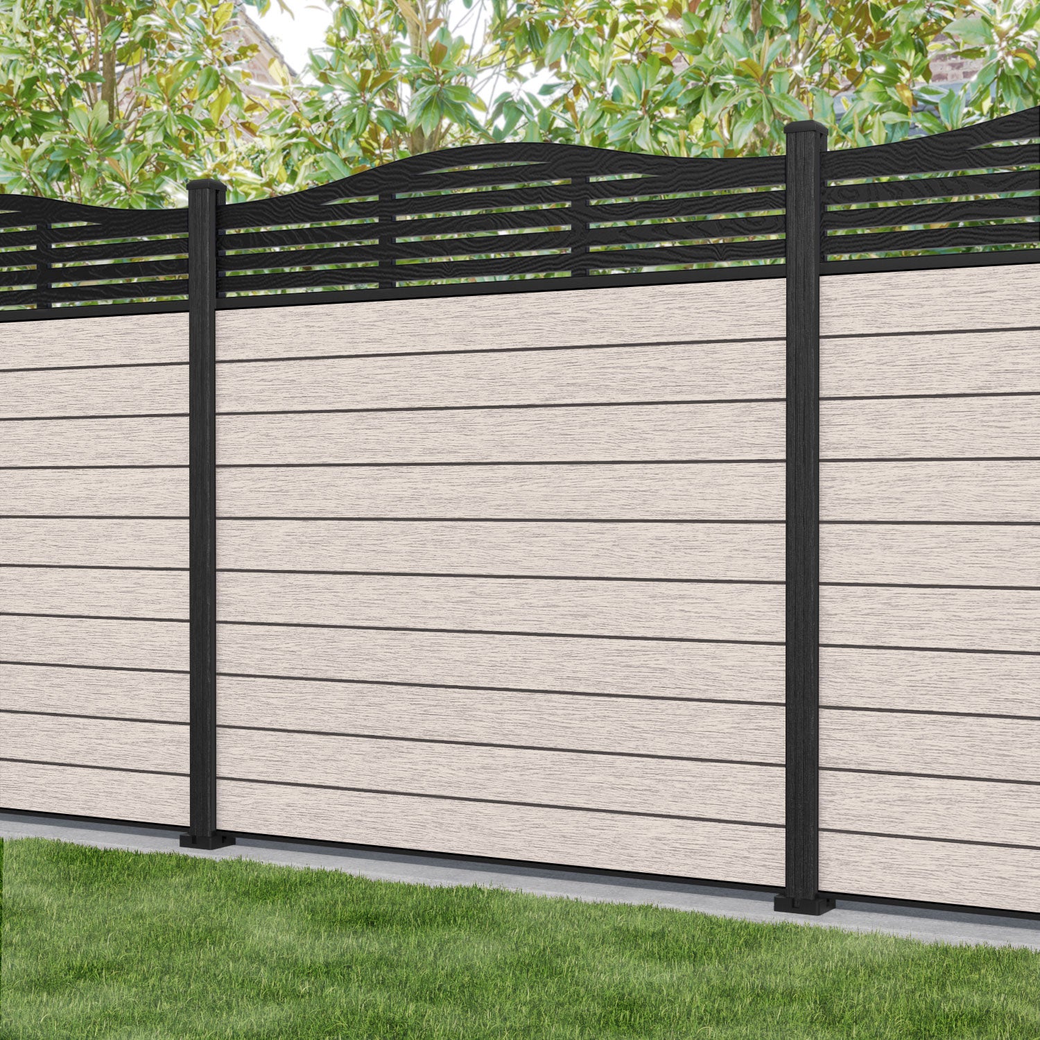 Fusion Aspen Curved Top Fence Panel - Mid Stone - with our composite posts