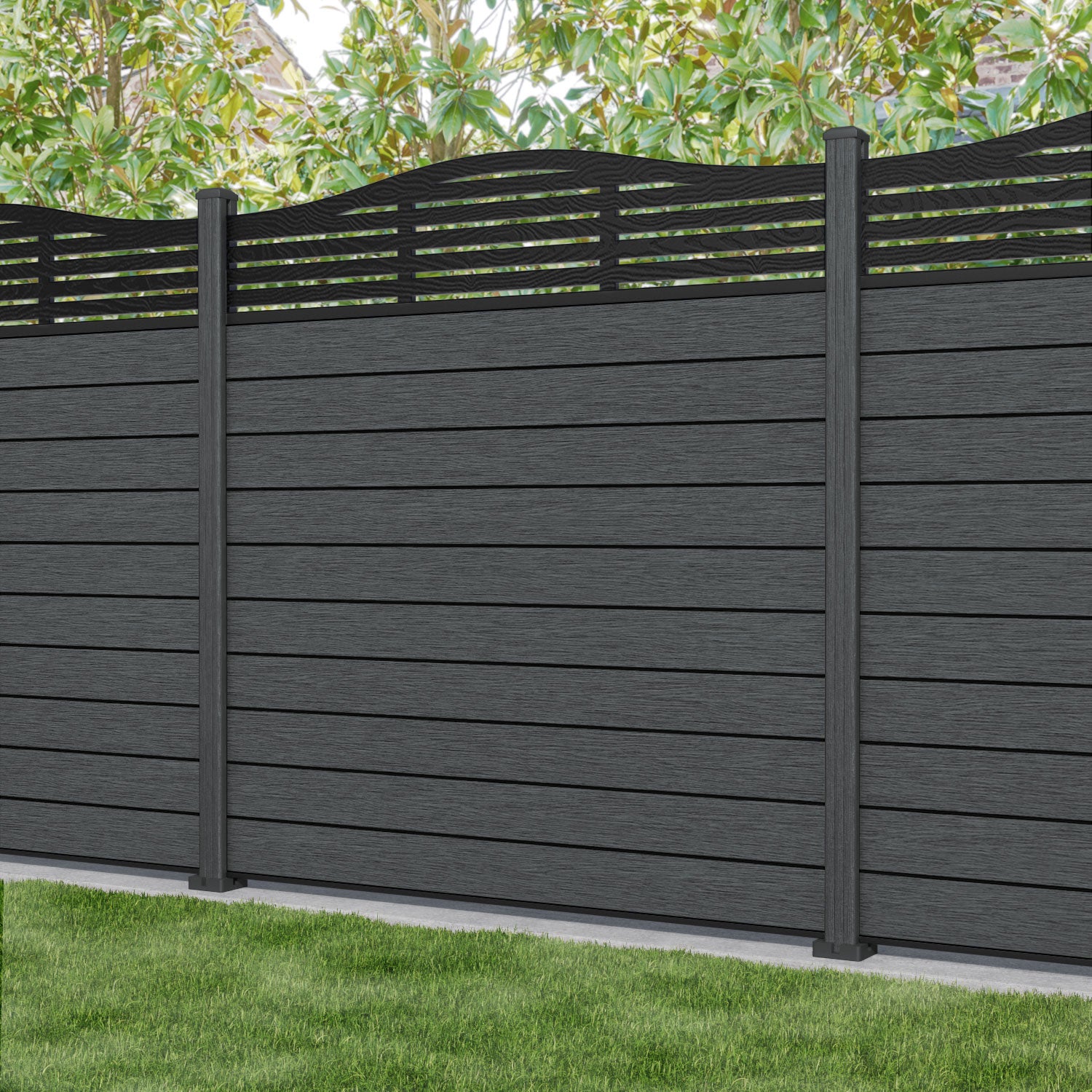 Fusion Aspen Curved Top Fence Panel - Dark Grey - with our composite posts