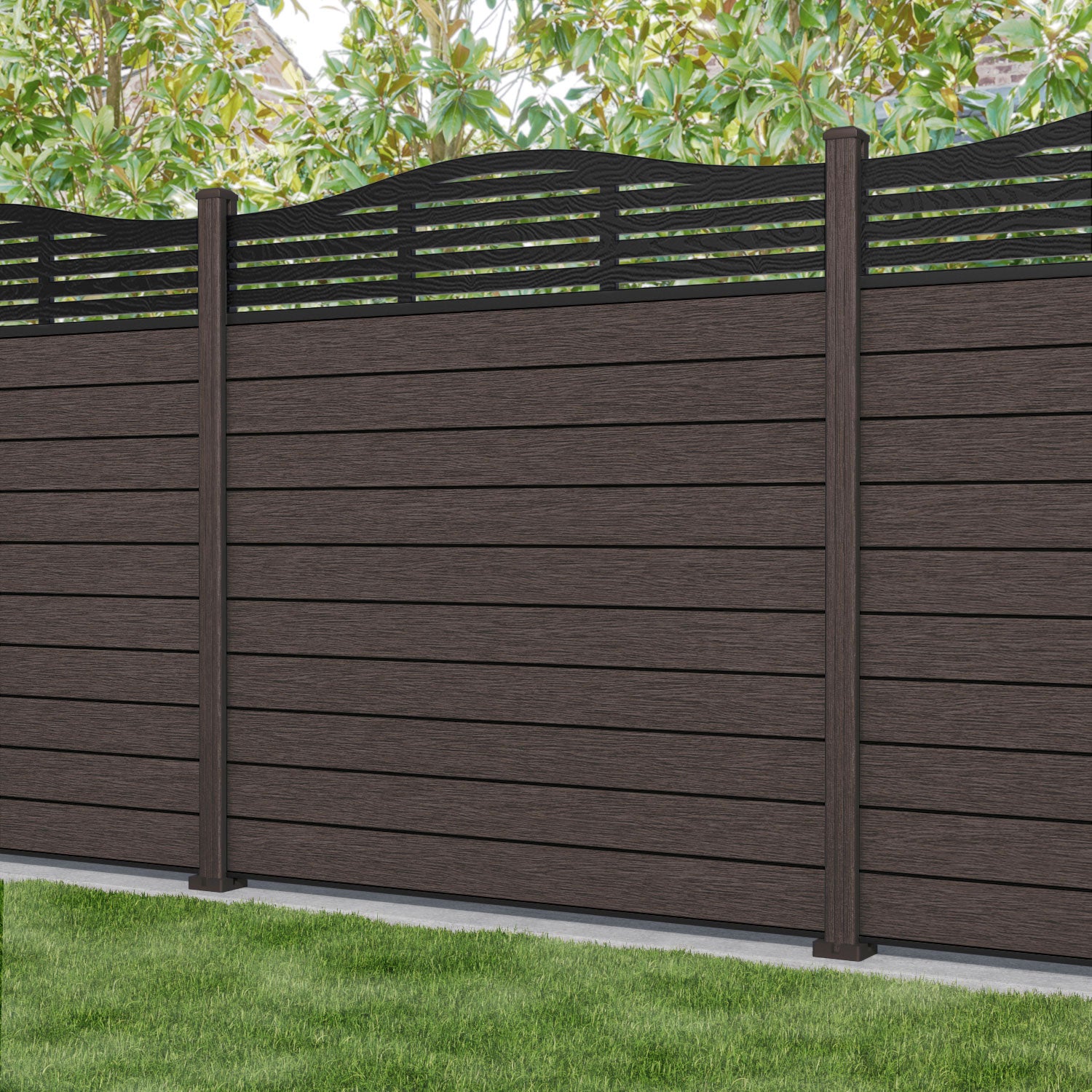 Fusion Aspen Curved Top Fence Panel - Mid Brown - with our composite posts