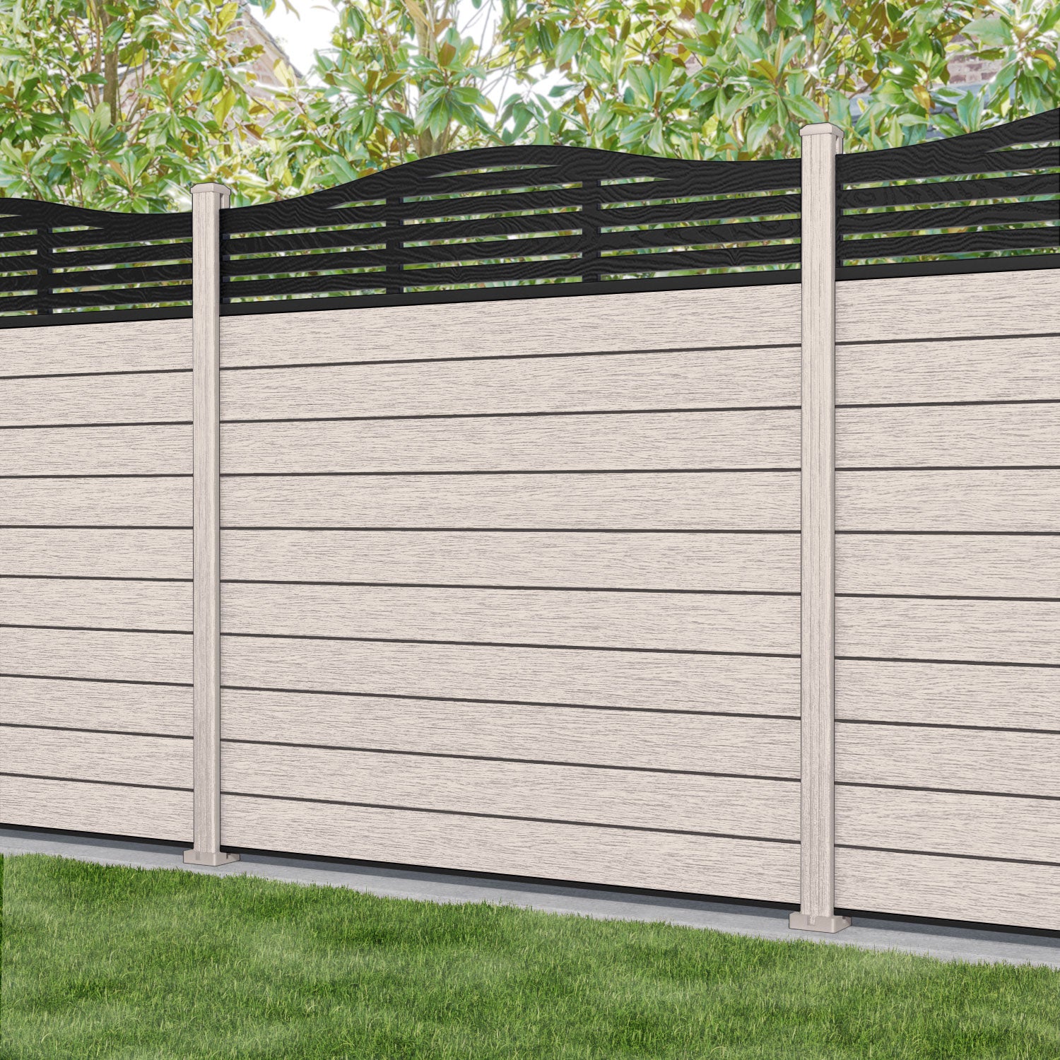 Fusion Aspen Curved Top Fence Panel - Mid Stone - with our composite posts