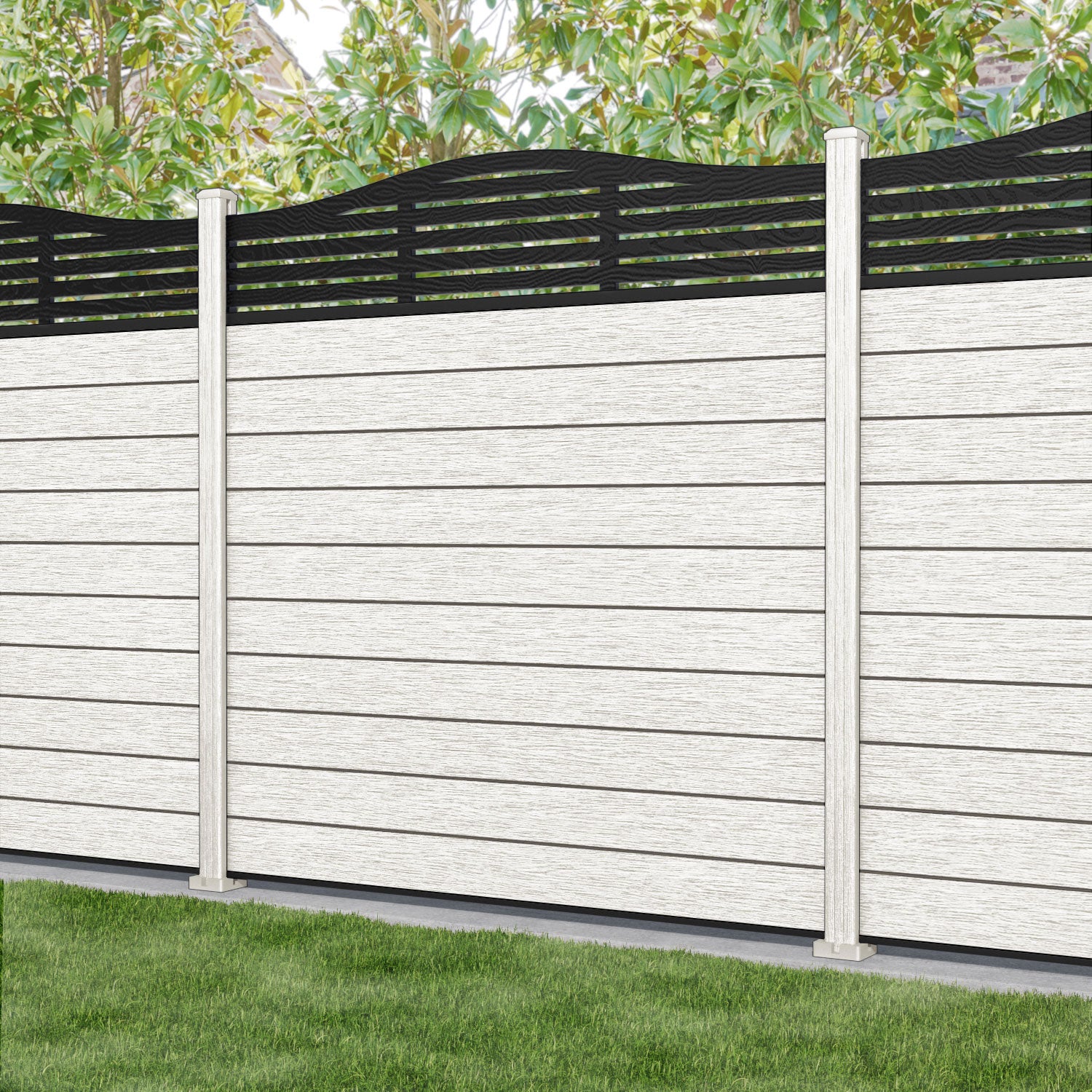 Fusion Aspen Curved Top Fence Panel - Light Stone - with our composite posts