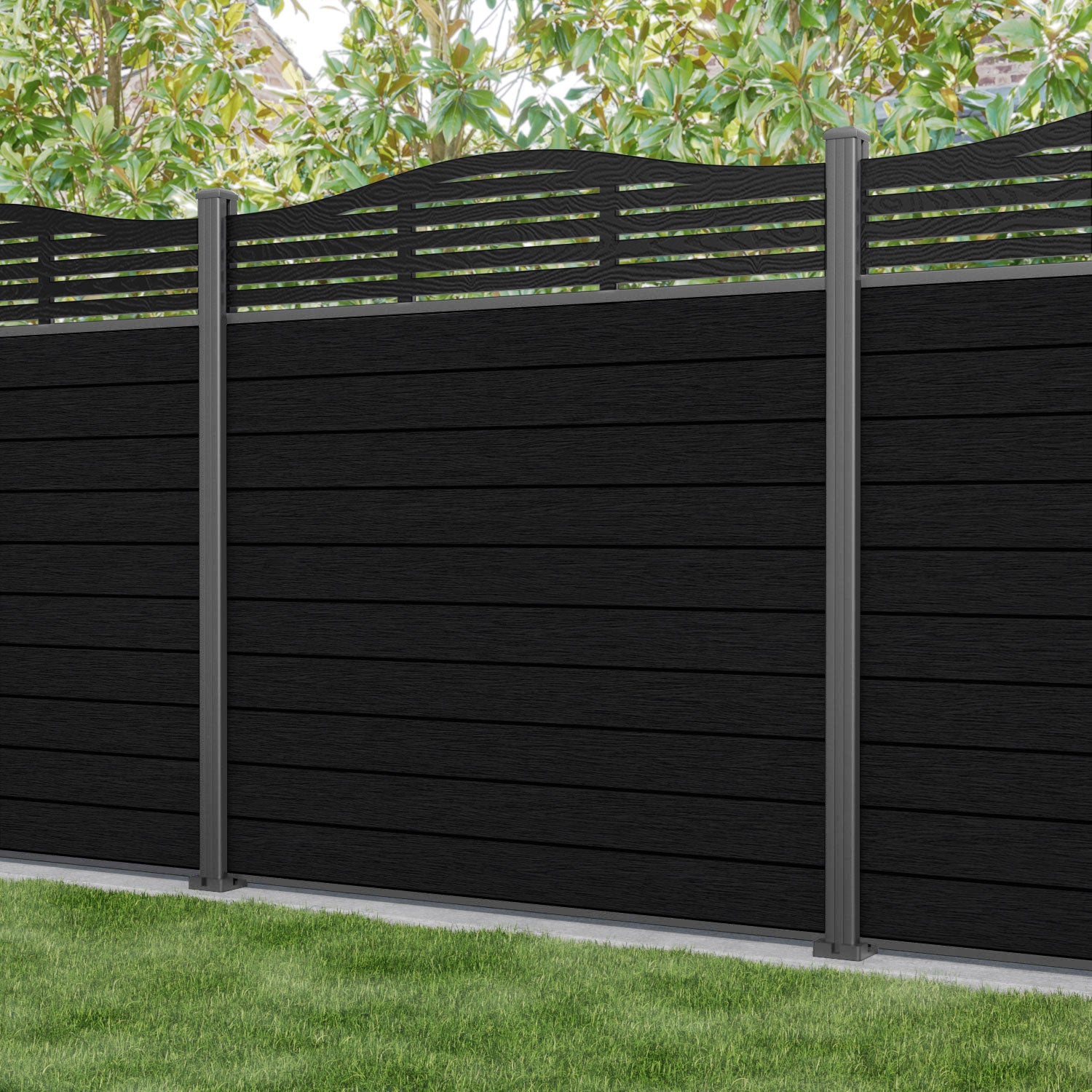 Fusion Aspen Curved Top Fence Panel - Black - with our aluminium posts