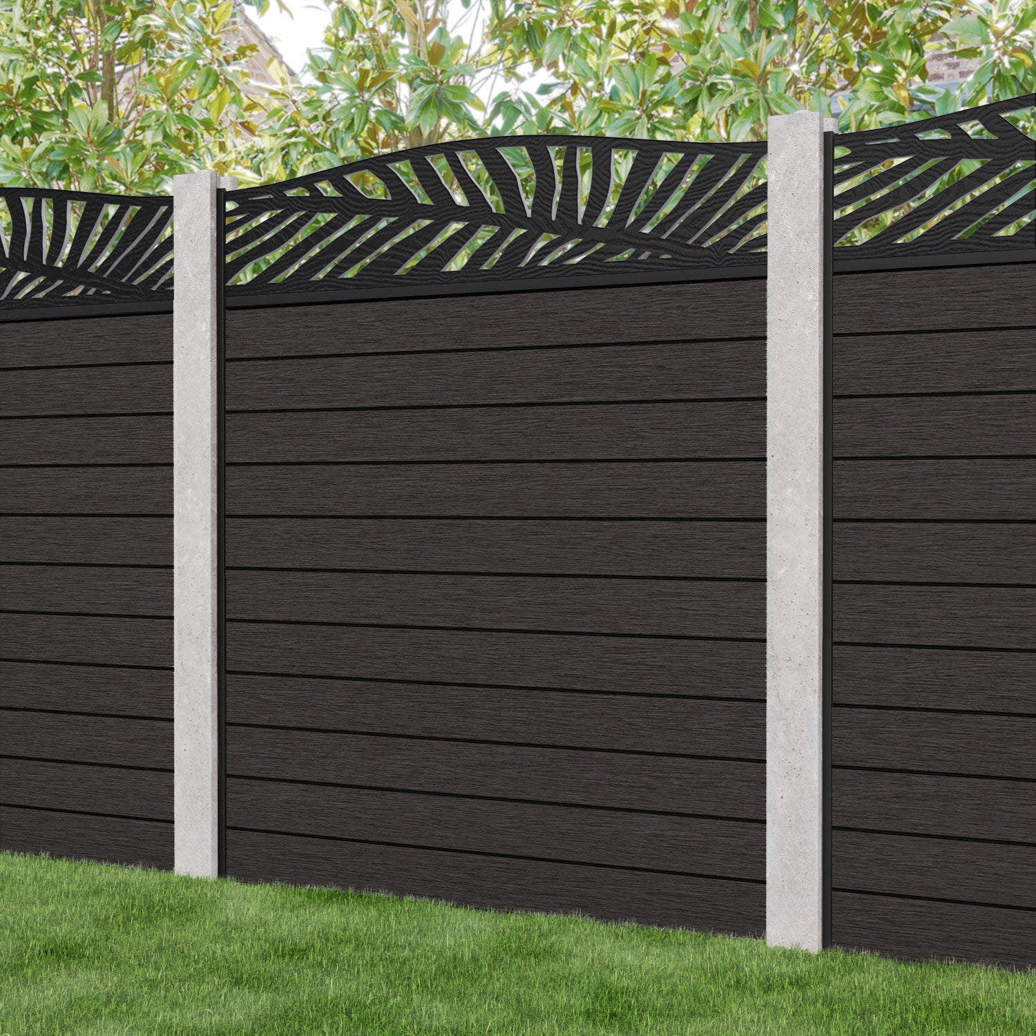 Fusion Palm Curved Top Fence Panel - Dark Oak - for existing concrete posts
