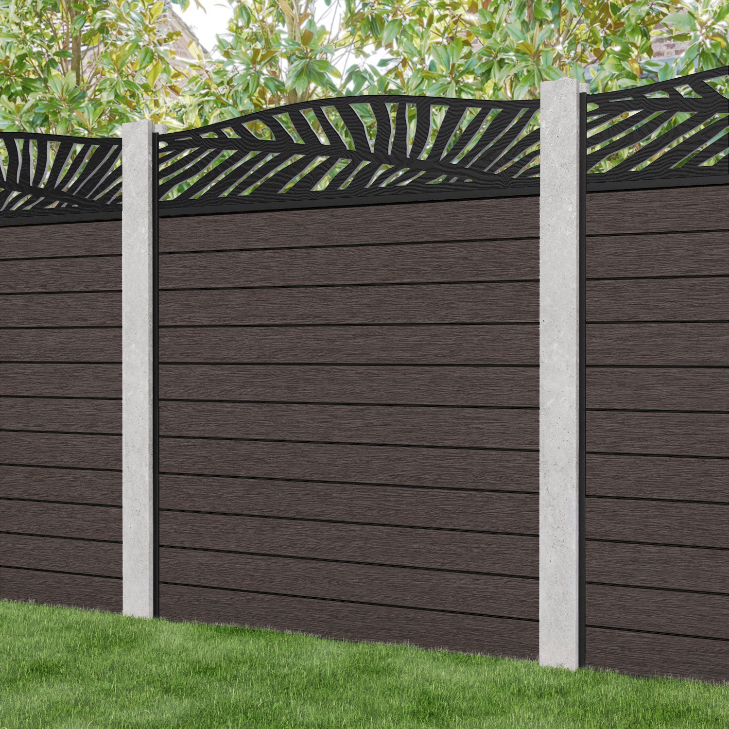 Fusion Palm Curved Top Fence Panel - Mid Brown - for existing concrete posts
