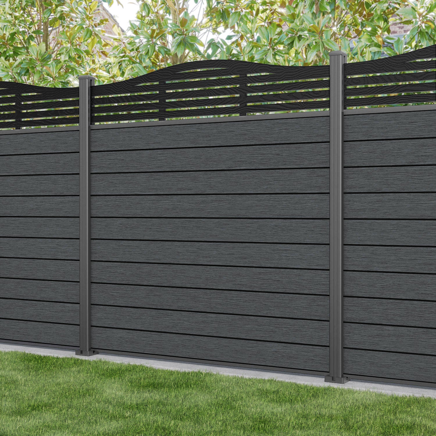 Fusion Aspen Curved Top Fence Panel - Dark Grey - with our aluminium posts