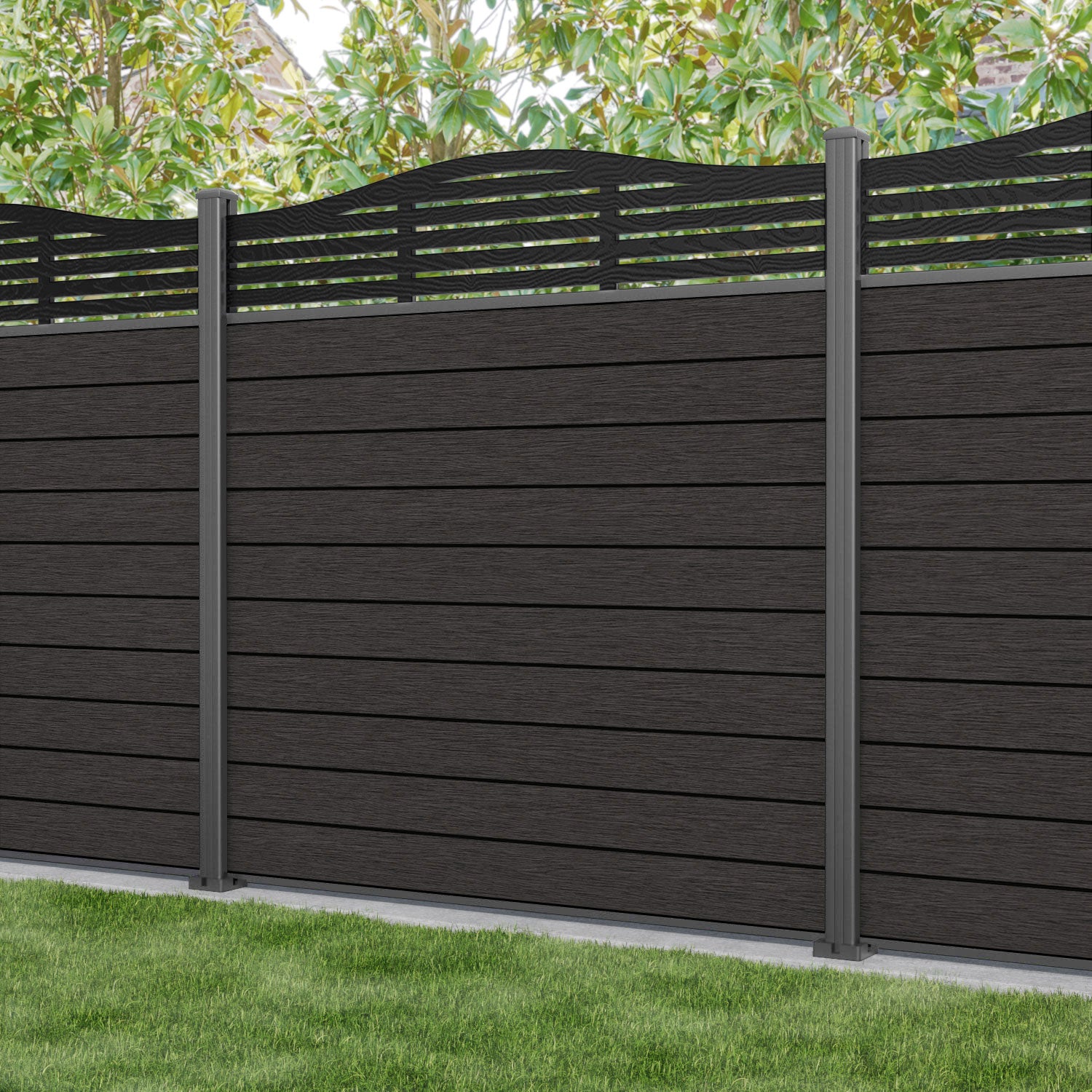 Fusion Aspen Curved Top Fence Panel - Dark Oak - with our aluminium posts