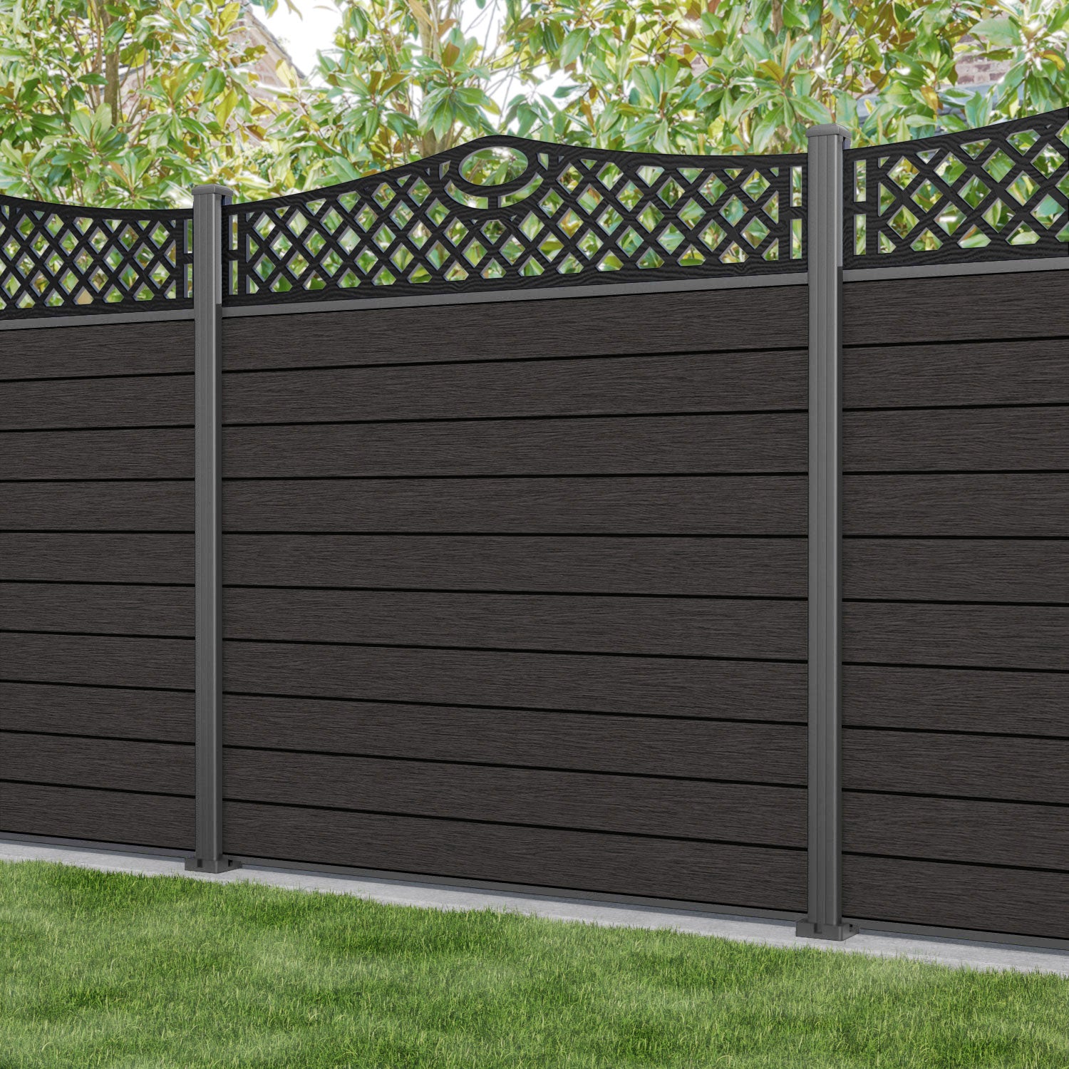Fusion Oxford Curved Top Fence Panel - Dark Oak - with our aluminium posts