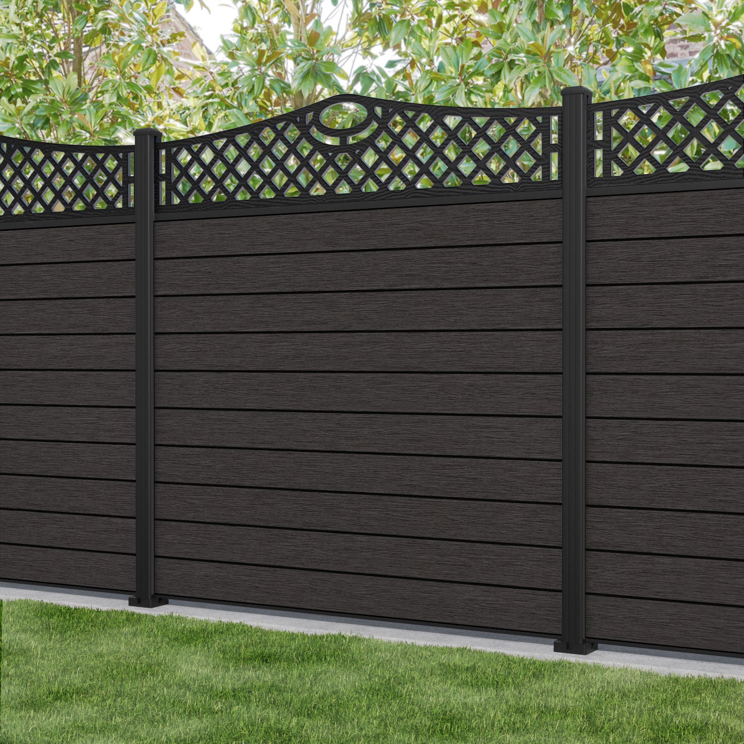 Fusion Oxford Curved Top Fence Panel - Dark Oak - with our composite posts