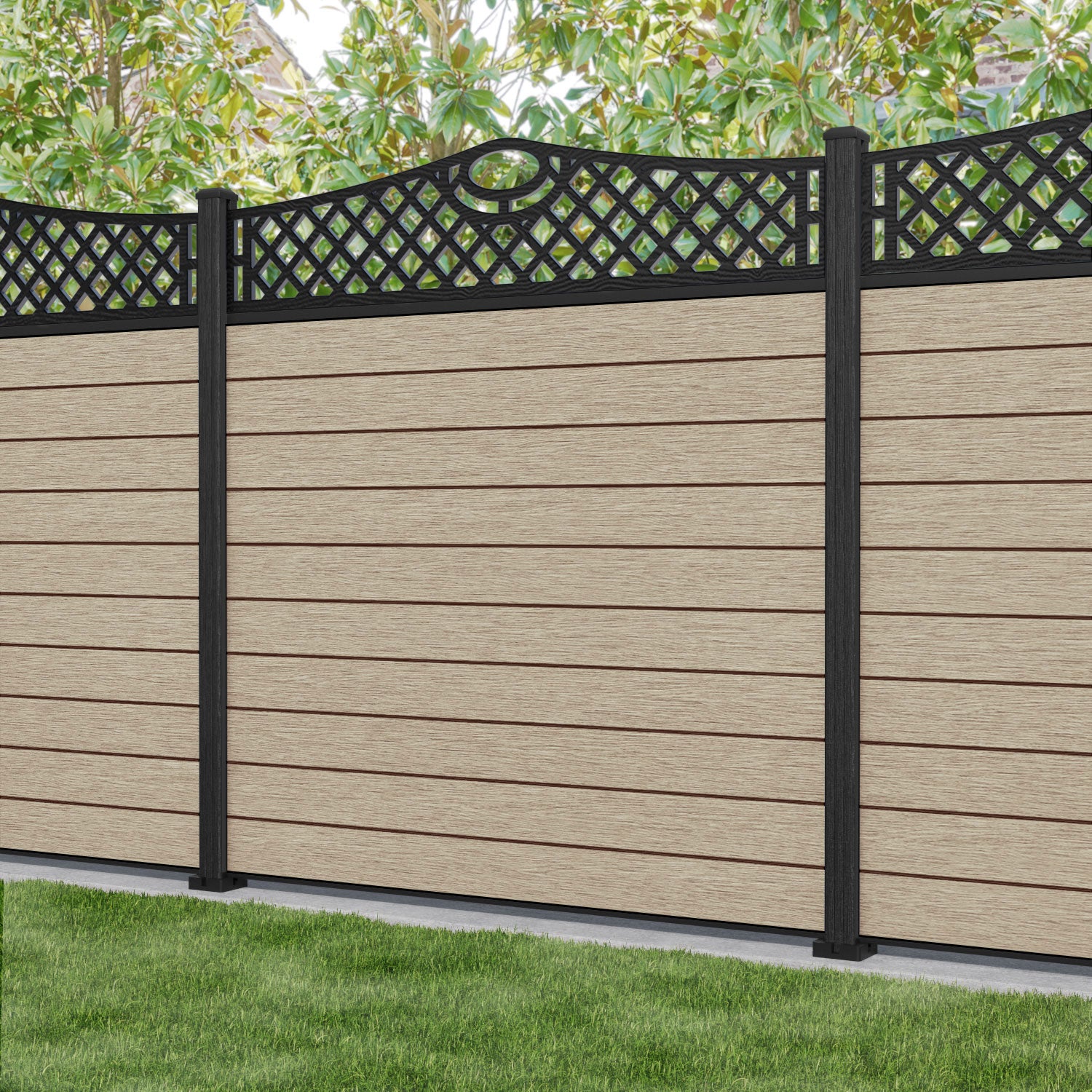 Fusion Oxford Curved Top Fence Panel - Light Oak - with our aluminium posts