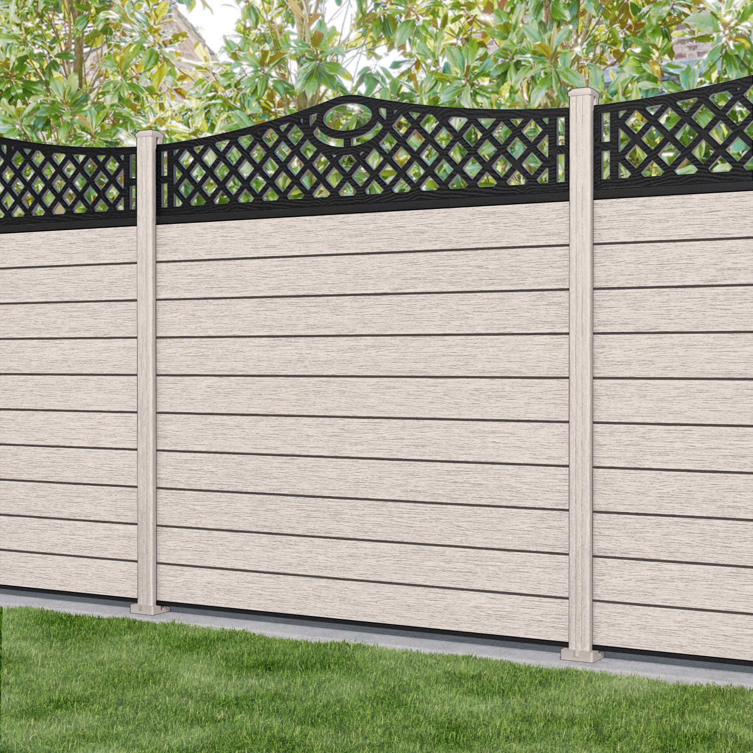 Fusion Oxford Curved Top Fence Panel - Mid Stone - with our composite posts