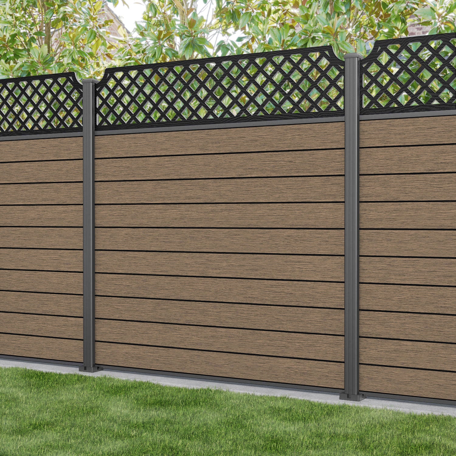 Fusion Regal Hive Fence Panel - Teak - with our aluminium posts