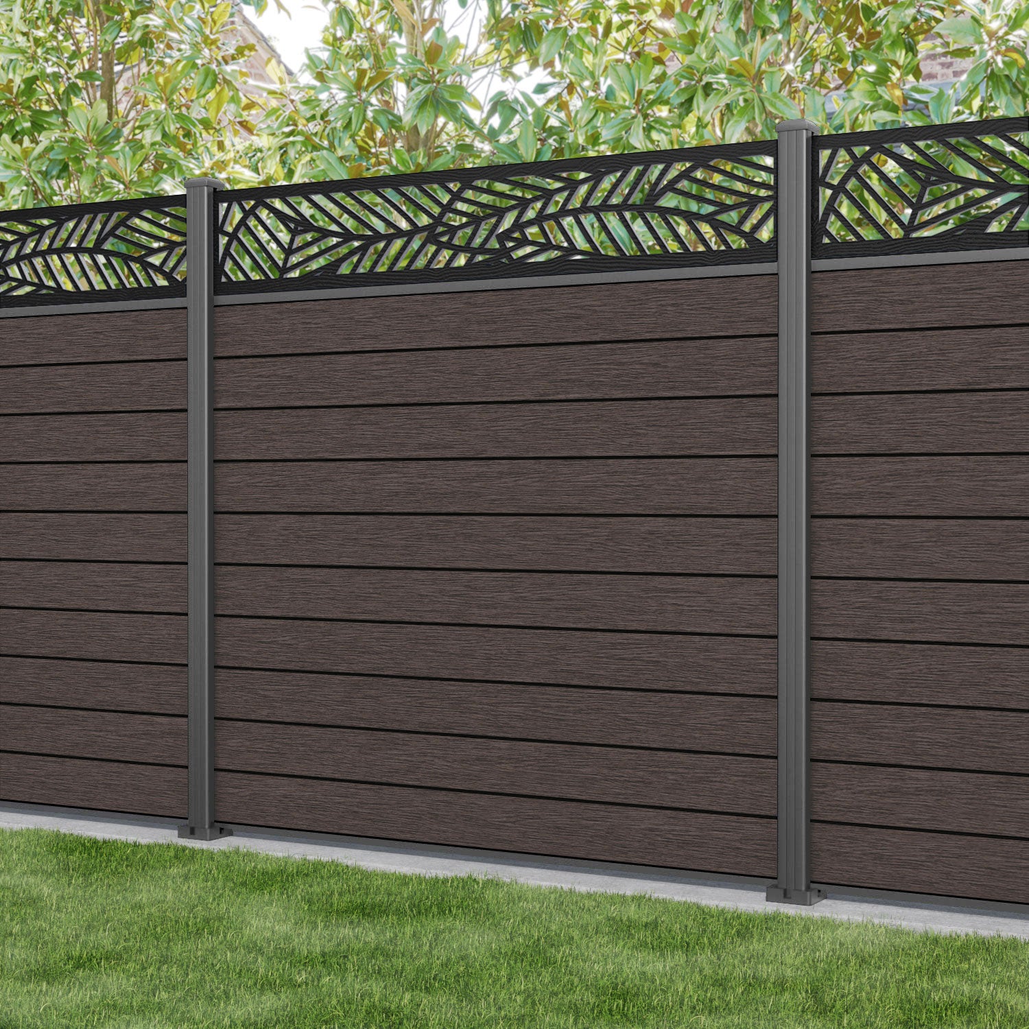 Fusion Habitat Fence Panel - Mid Brown - with our aluminium posts