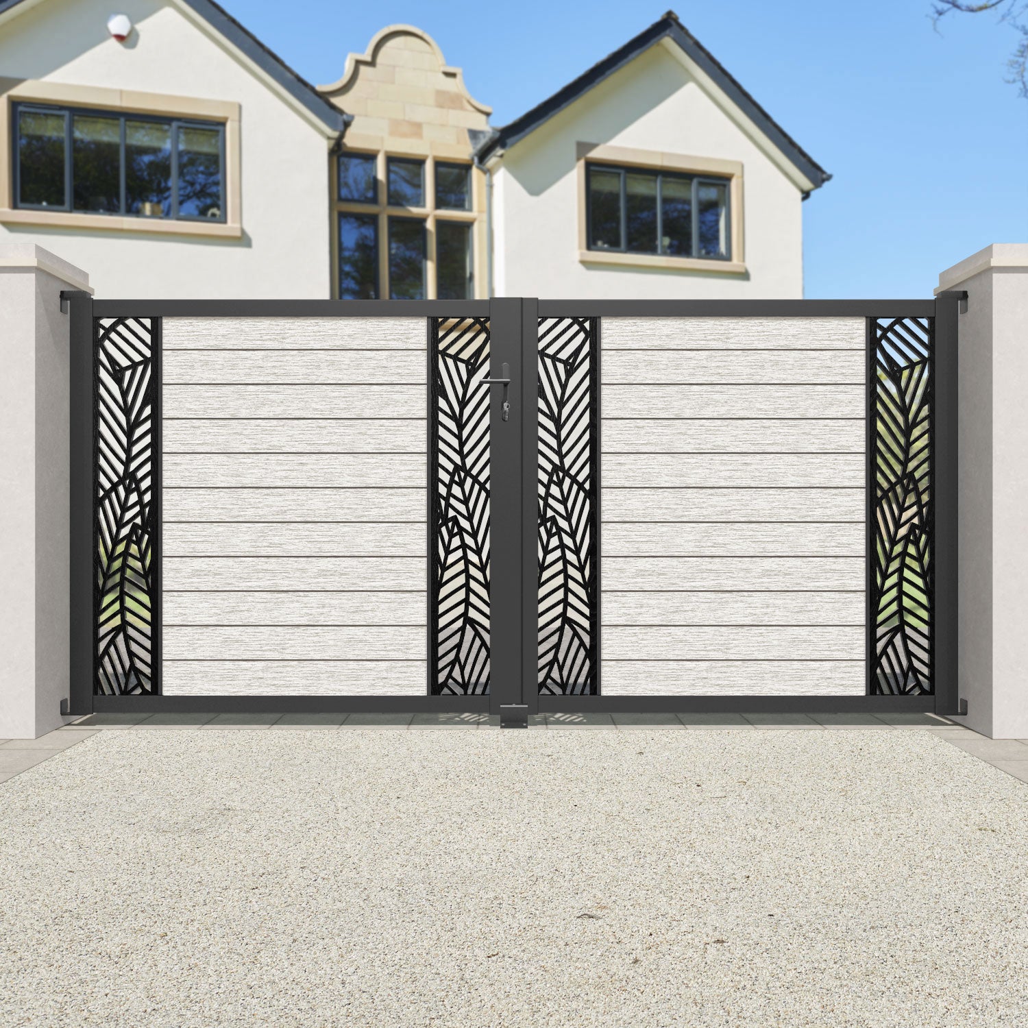 Fusion Habitat Straight Top Driveway Gate - Light Stone - Middle & End Screen