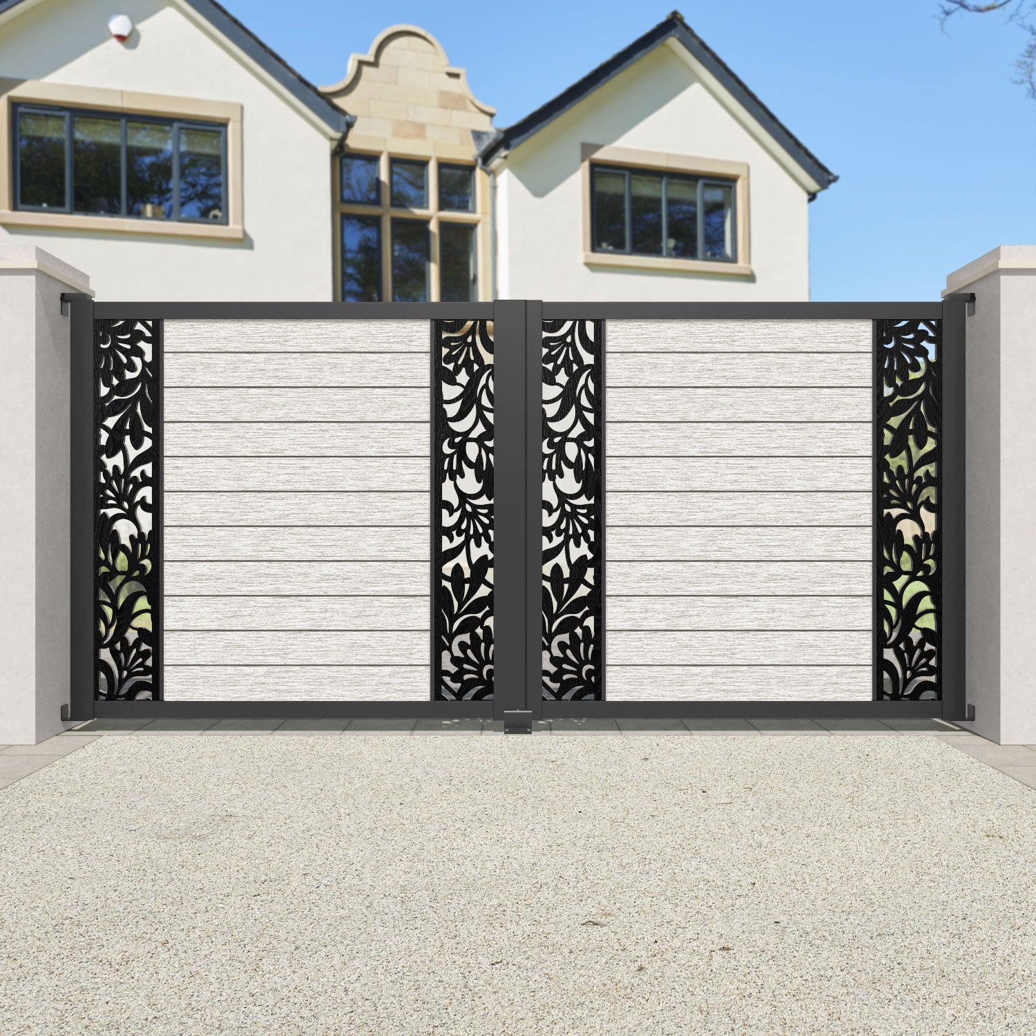 Fusion Heritage Straight Top Driveway Gate - Light Stone - Middle & End Screen