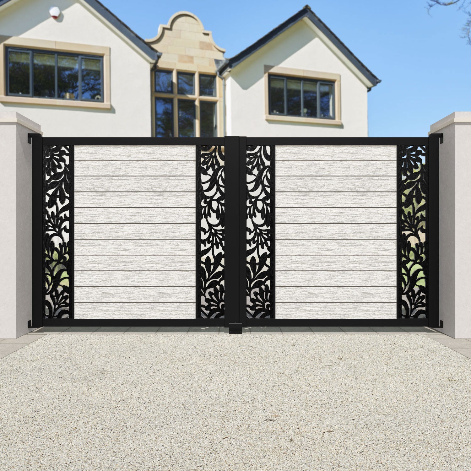 Fusion Heritage Straight Top Driveway Gate - Light Stone - Middle & End Screen