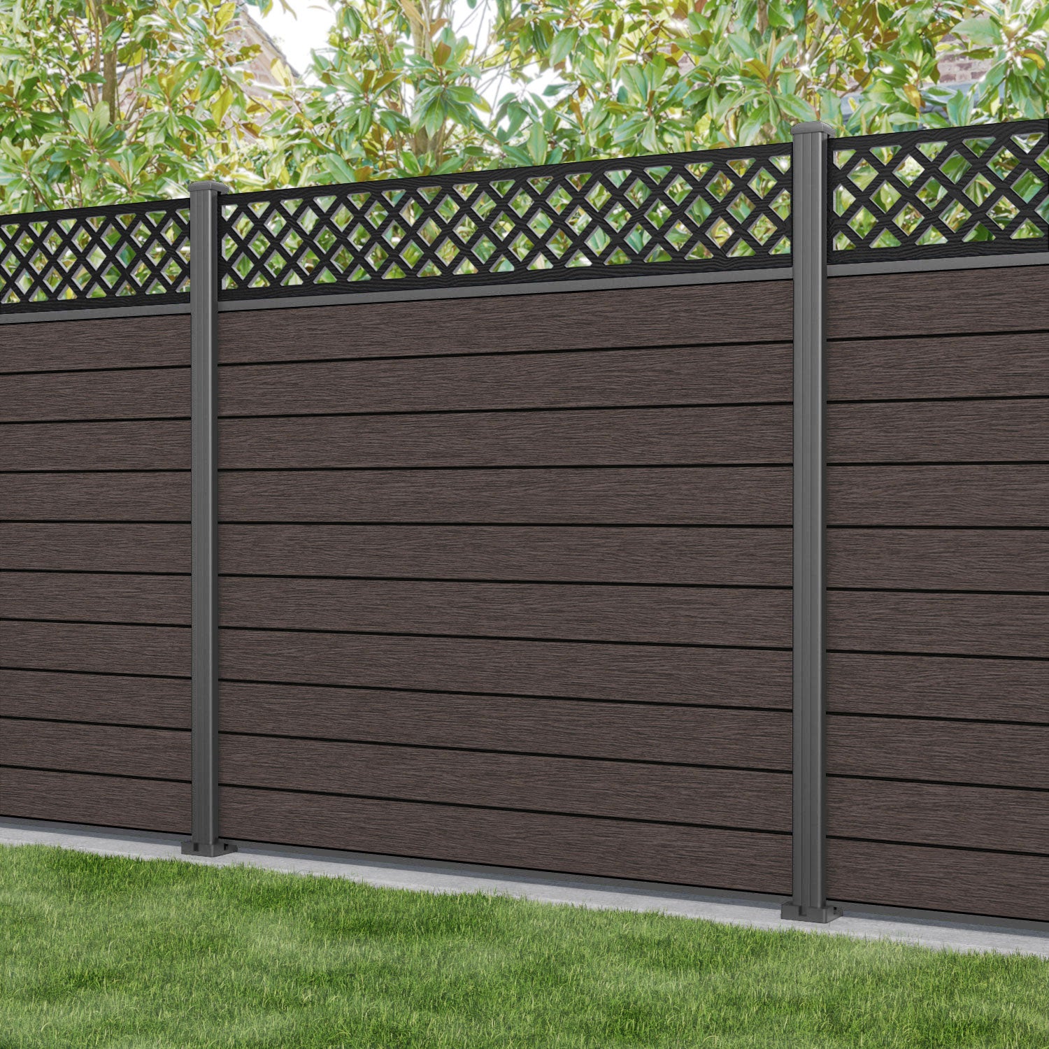 Fusion Hive Fence Panel - Mid Brown - with our aluminium posts