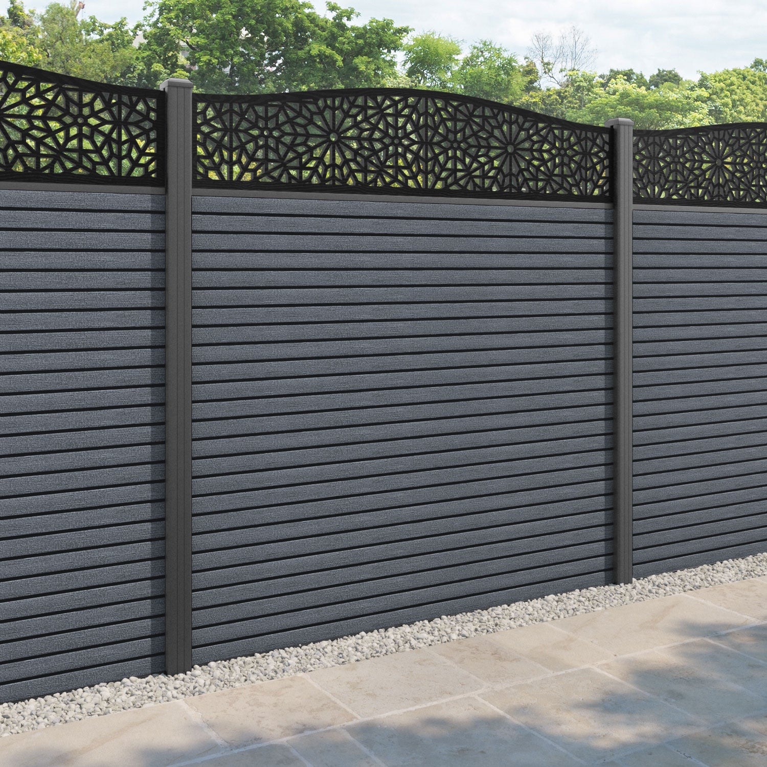 Hudson Alnara Curved Top Fence Panel - Anthracite - with our aluminium posts