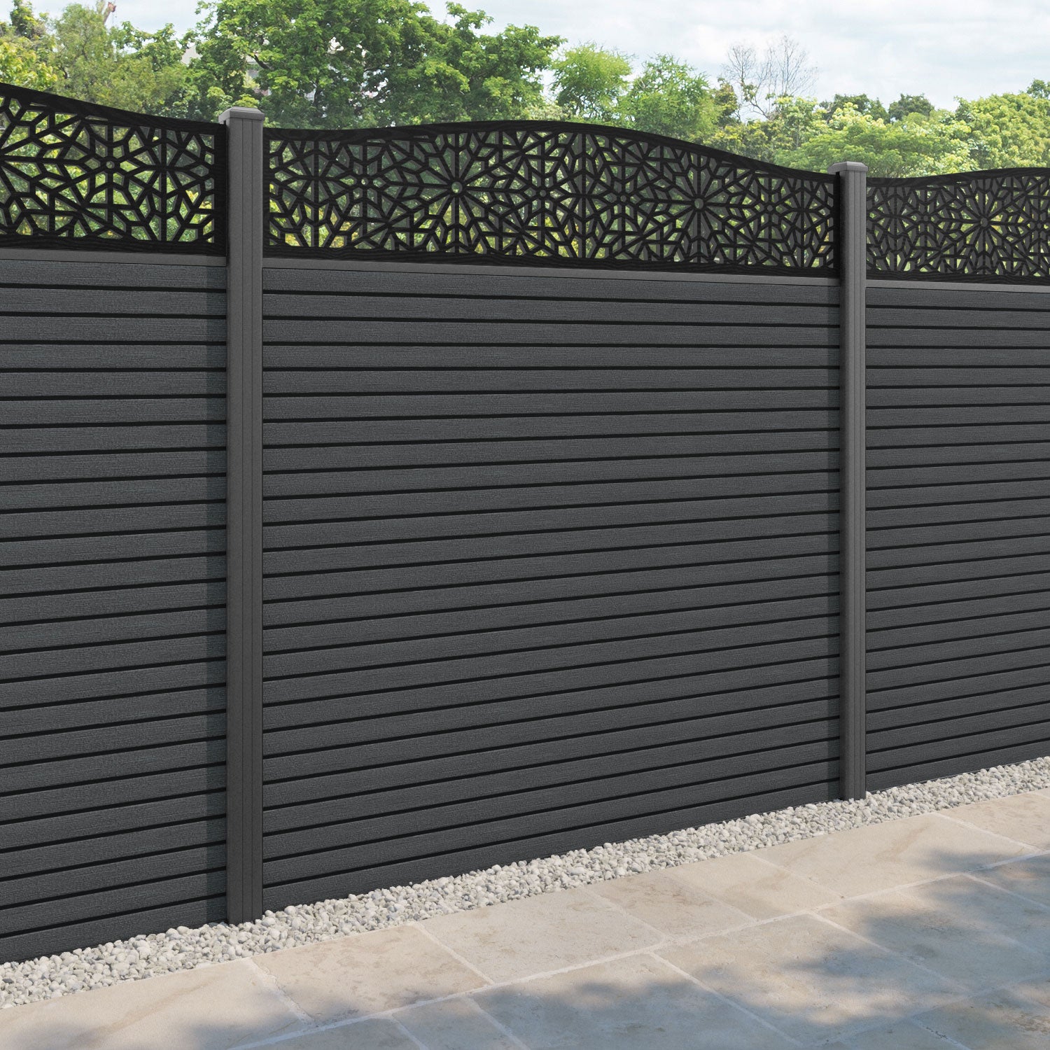 Hudson Alnara Curved Top Fence Panel - Dark Grey - with our aluminium posts