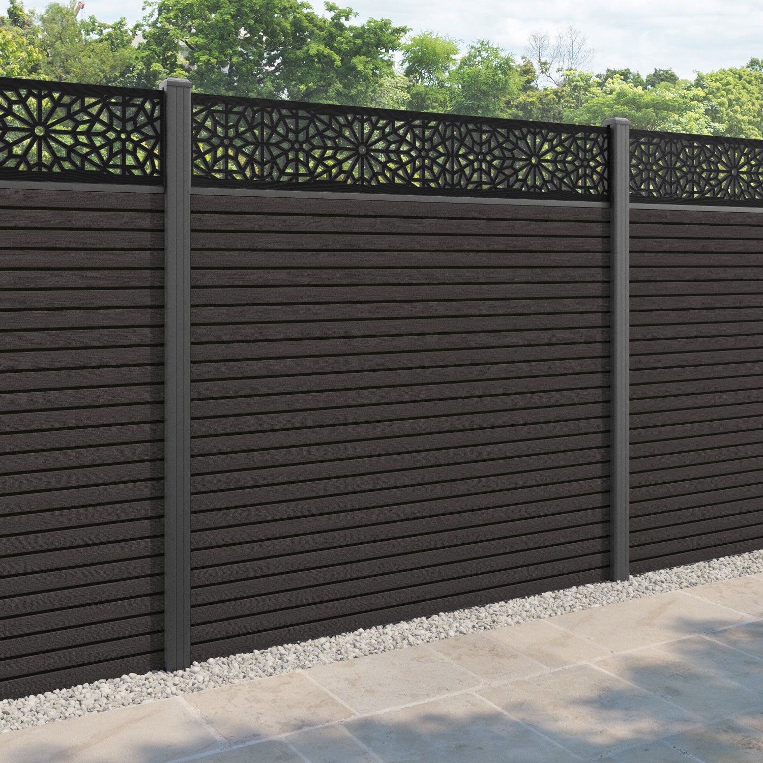 Hudson Alnara Fence Panel - Dark Oak - with our aluminium posts